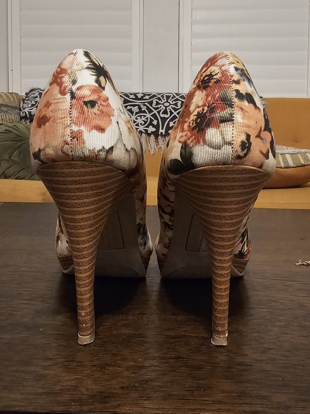 Christian Siriano Floral Corduroy Platform Pumps in Orange, Cream and Black